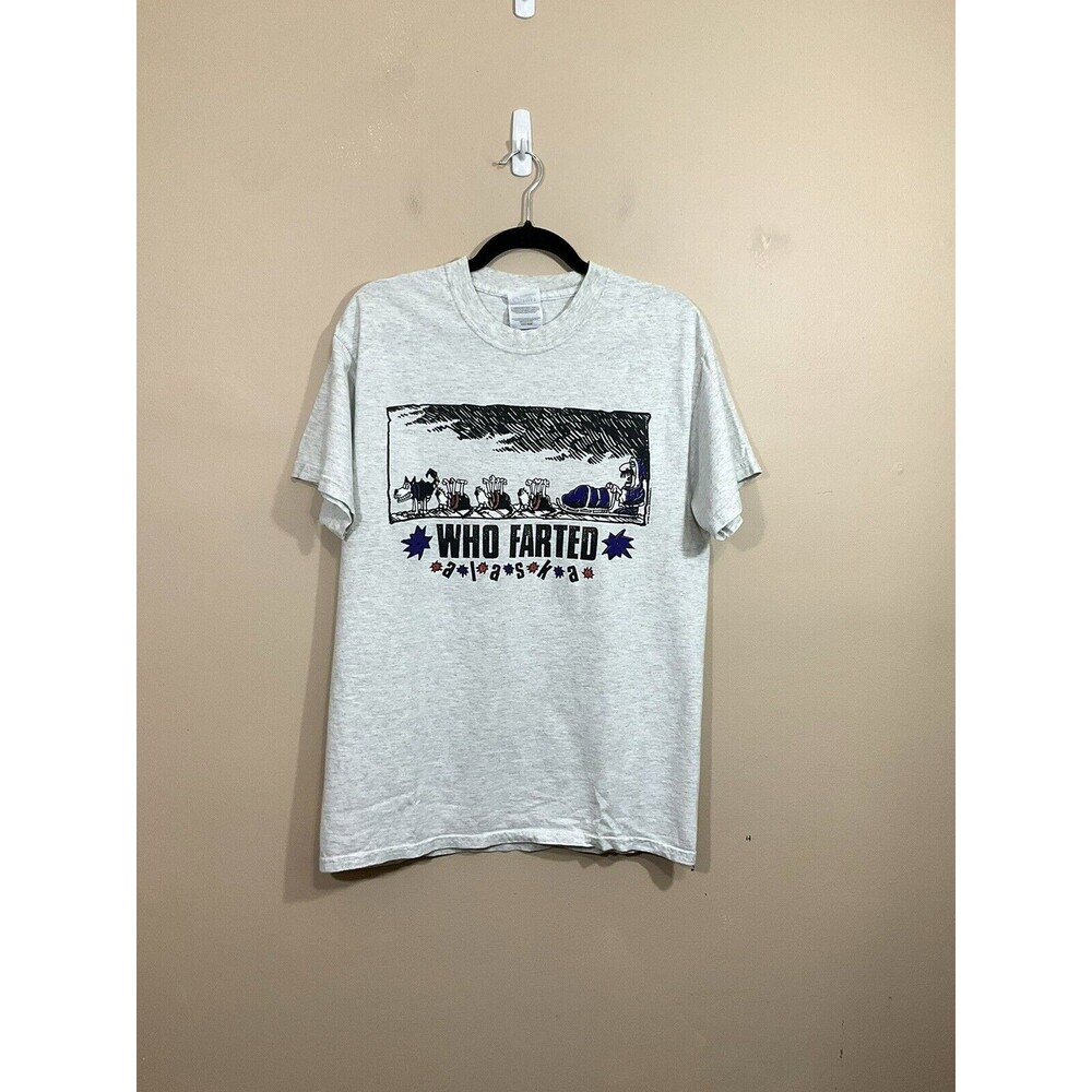 VTG Mens Who Farted Alaska Sled Dog Graphic T-Shirt M Grey 90s Funny Retro